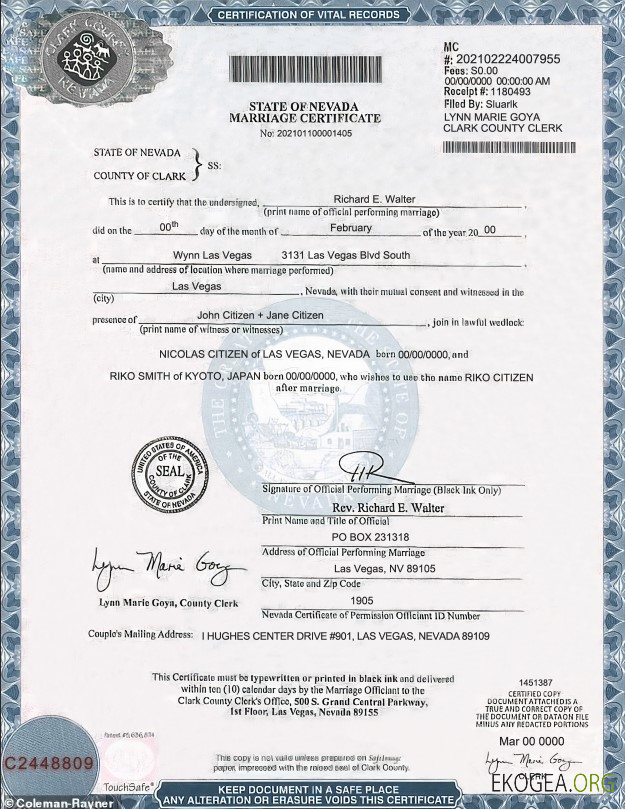 Modèle de certificat de mariage de l'État du Nevada aux États Unis au format PSD